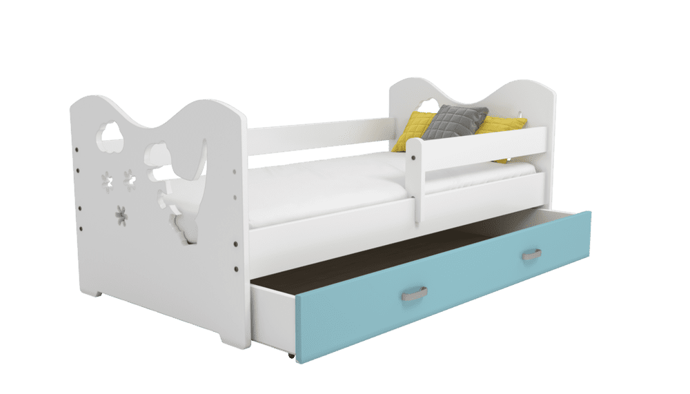 eoshop Detská posteľ Miki 80x160 B3, biela / modrá + rošt, matracu, úložný priestor